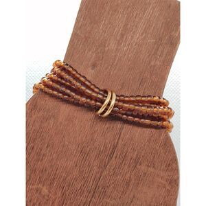 VTG Style Gold Tone Metal Brown Glass Beaded Mutli-Strand Stretch Bracelet 6.75"